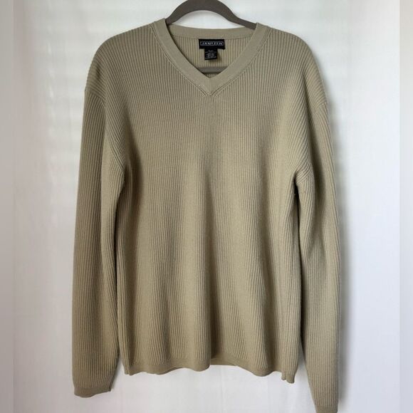 Jantzen 100% Wool V-Neck Sweater Pale Olive Ribbed Knit Pullover Sz M Minimalist - Picture 1 of 5